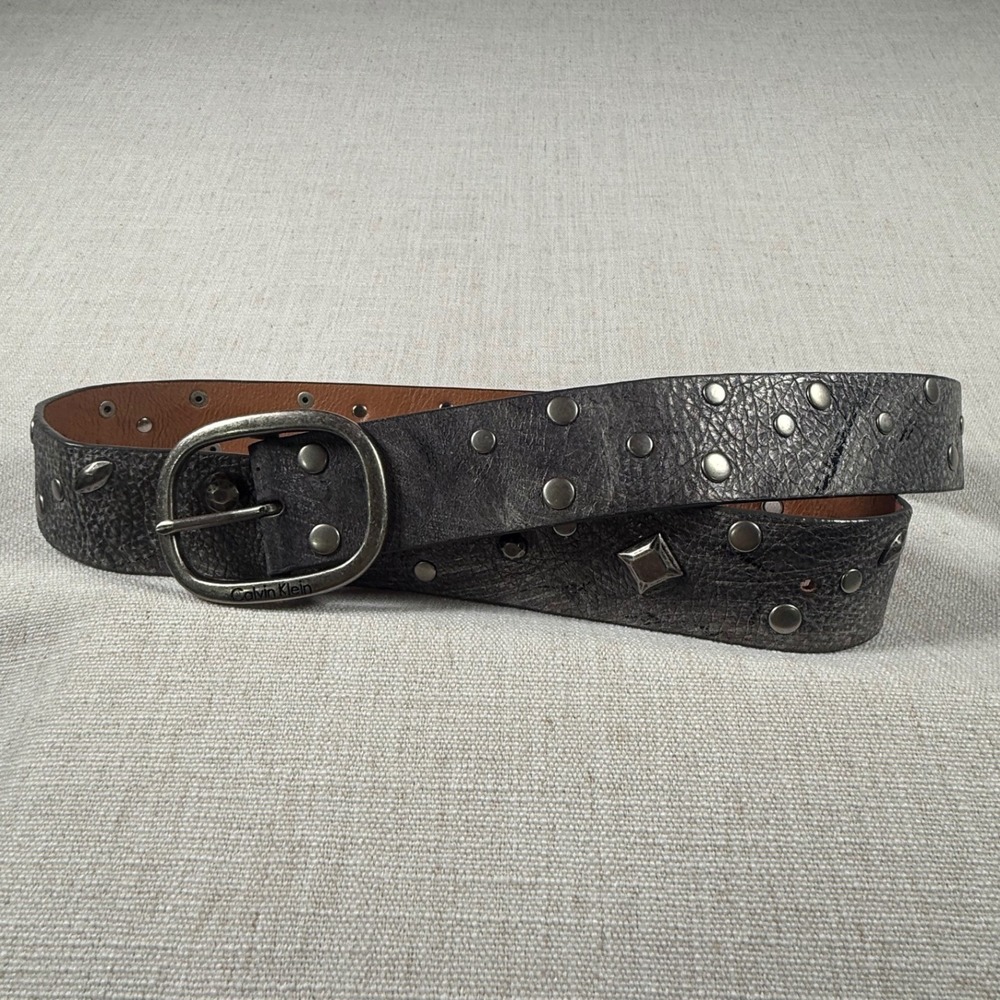 Vintage Calvin Klein Grey Studded Leather Belt Unisex XL Distressed 444906